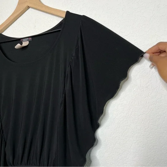 Cocomo Women‎ Top XL Black Jersey Knit Stretch Scoop Neck Ruched Waist Ruffle - Picture 3 of 6